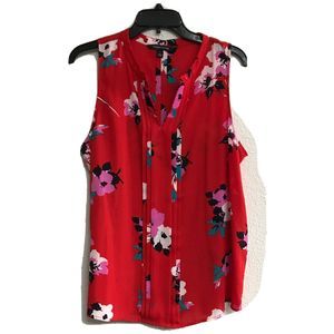 41 Hawthorn L Breyson Pleat Split Neck Blouse Top Red Floral Women Sleeveless